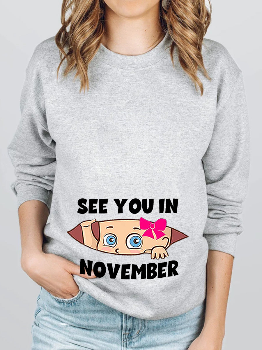 See You In Customizable Month Baby Girl Peeking Maternity Sweatshirt