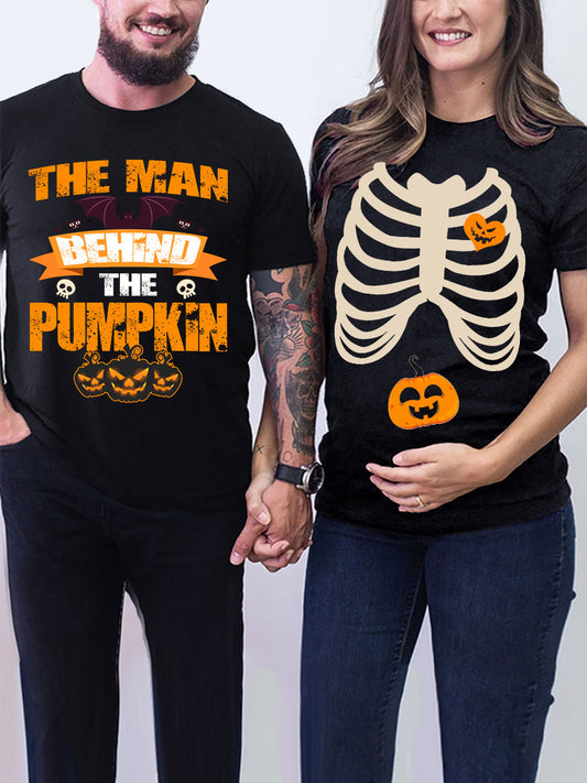 Skeleton Pumpkin Baby Funny Announcement Couple Shirt