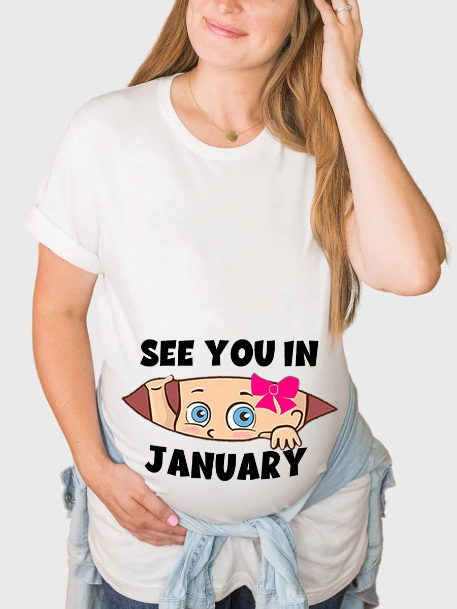 See You In Customizable Month Baby Girl Peeking Maternity Sweatshirt