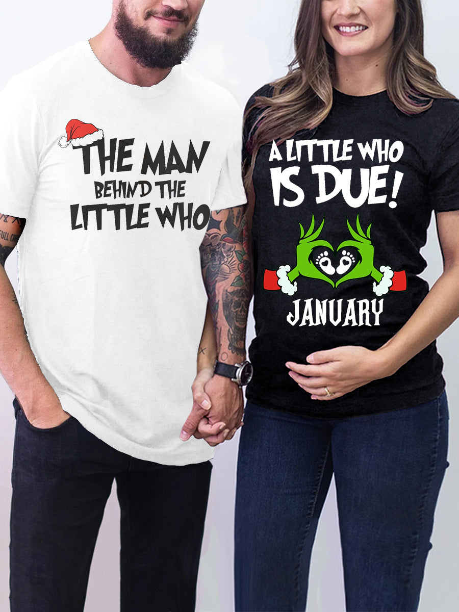 Customizable Month A Little Who Is Due Couple Maternity Shirt