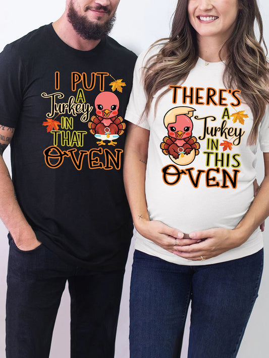 There's A Turkey In This Oven Thankgiving Couple Shirt