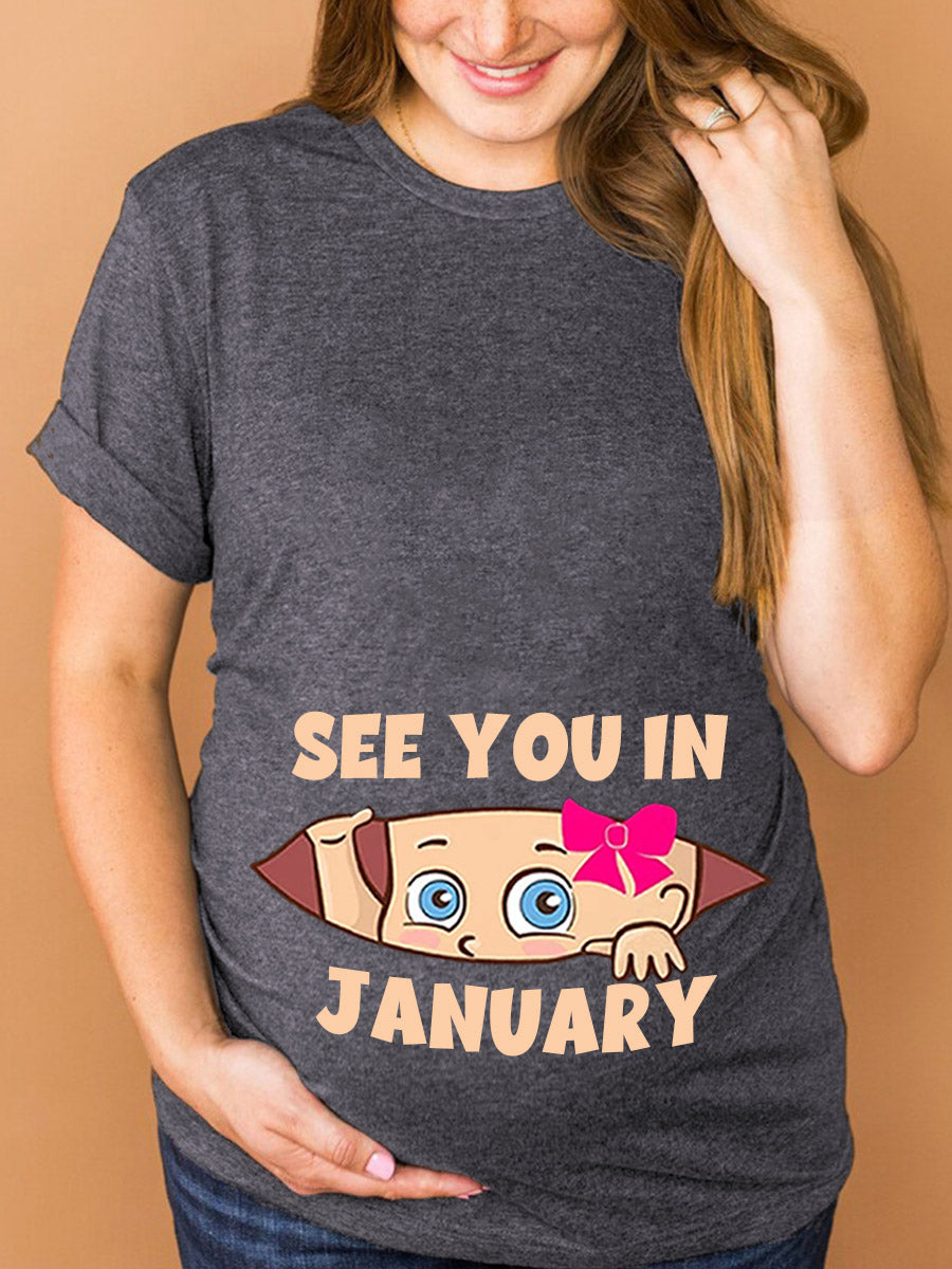 See You In Customizable Month Baby Girl Peeking Maternity Sweatshirt