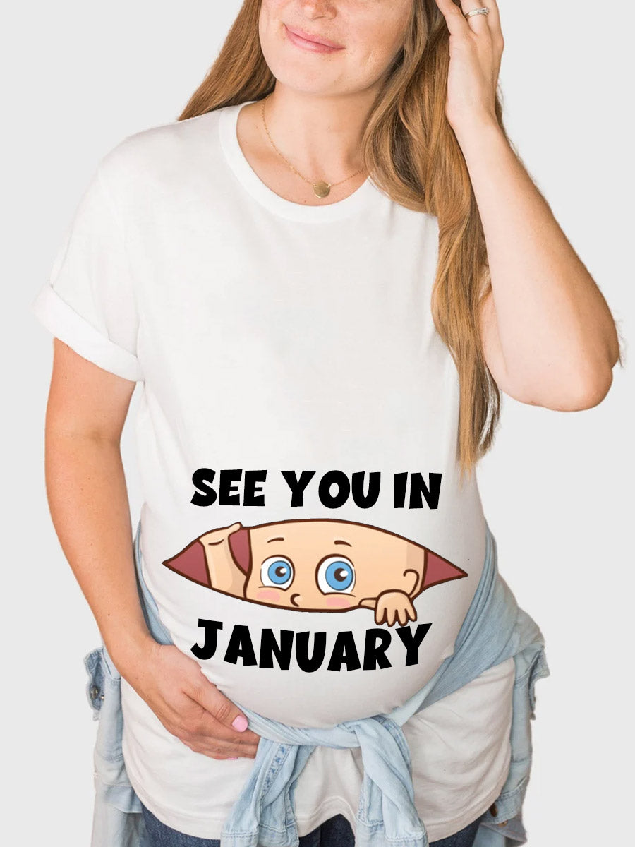 See You In Customizable Month Baby Peeking Maternity Shirt