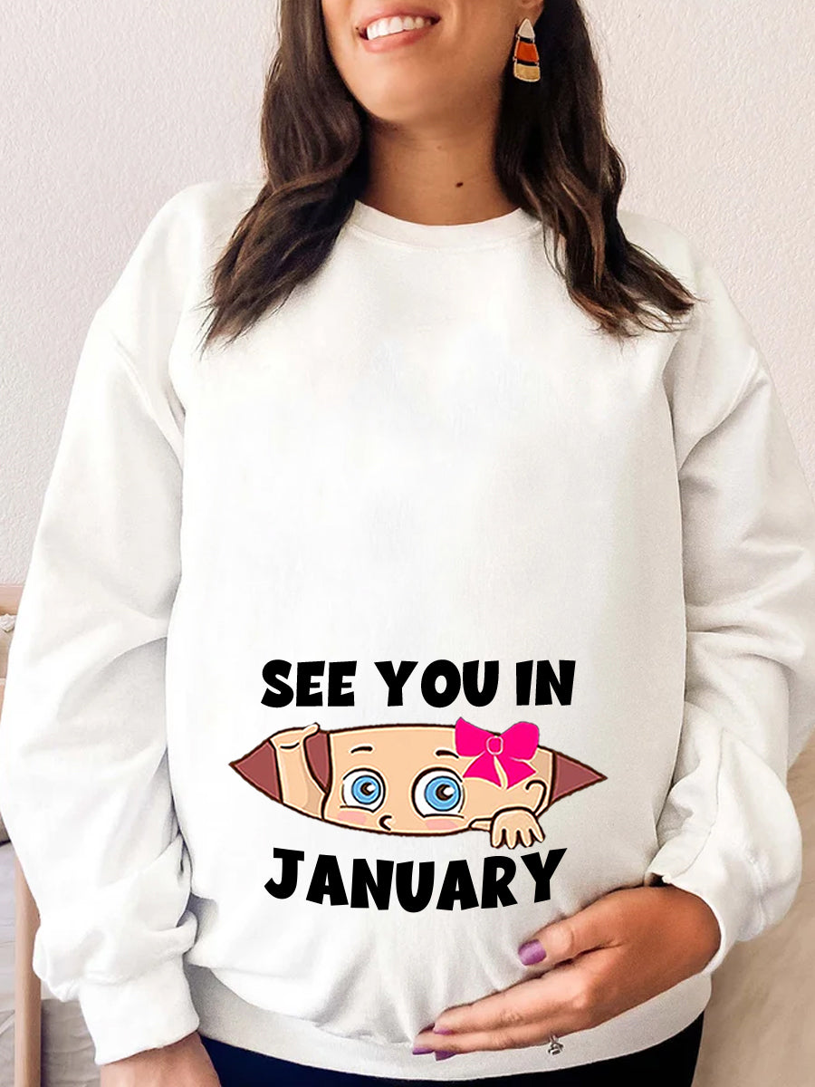 See You In Customizable Month Baby Girl Peeking Maternity Sweatshirt