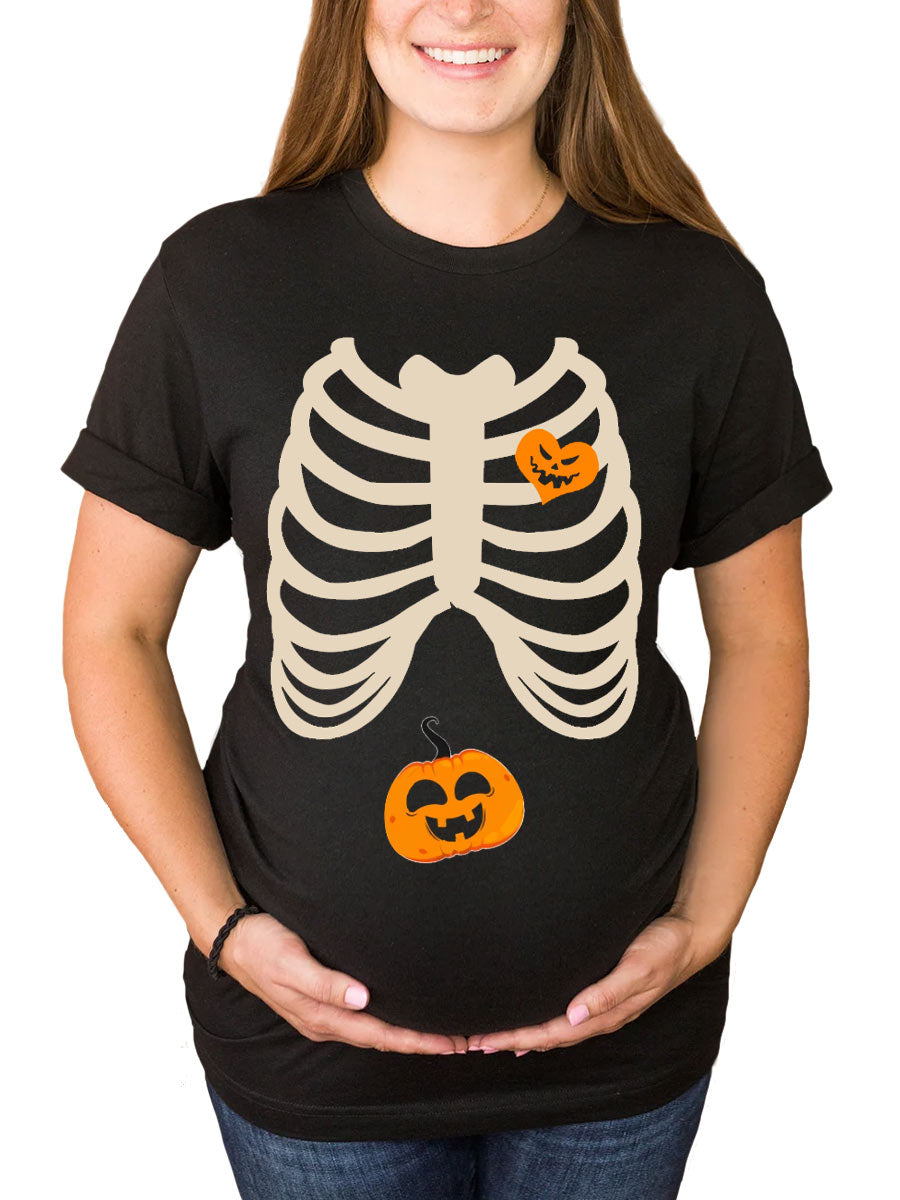 Skeleton Pumpkin Baby Funny Announcement Couple Shirt