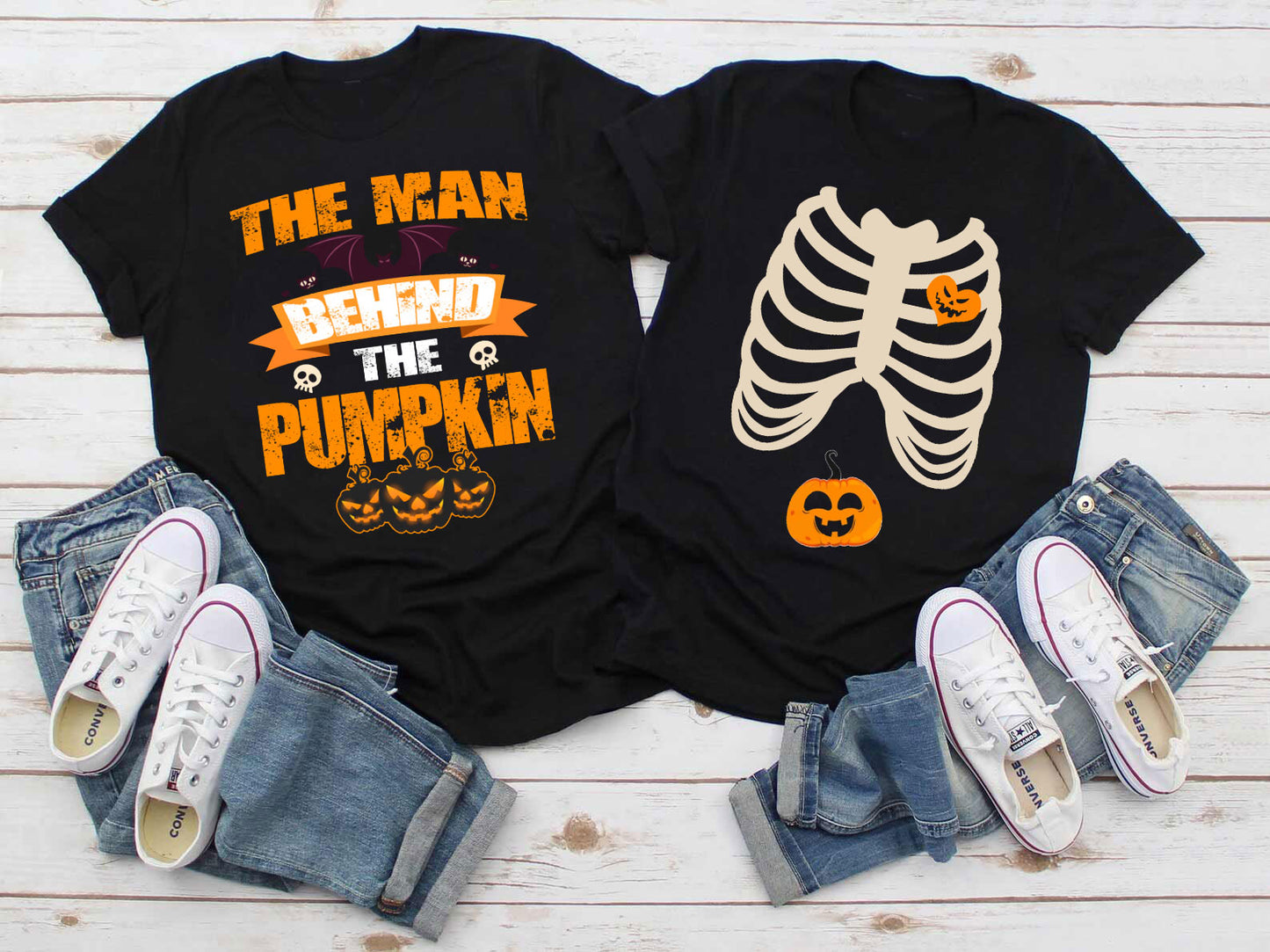 Skeleton Pumpkin Baby Funny Announcement Couple Shirt