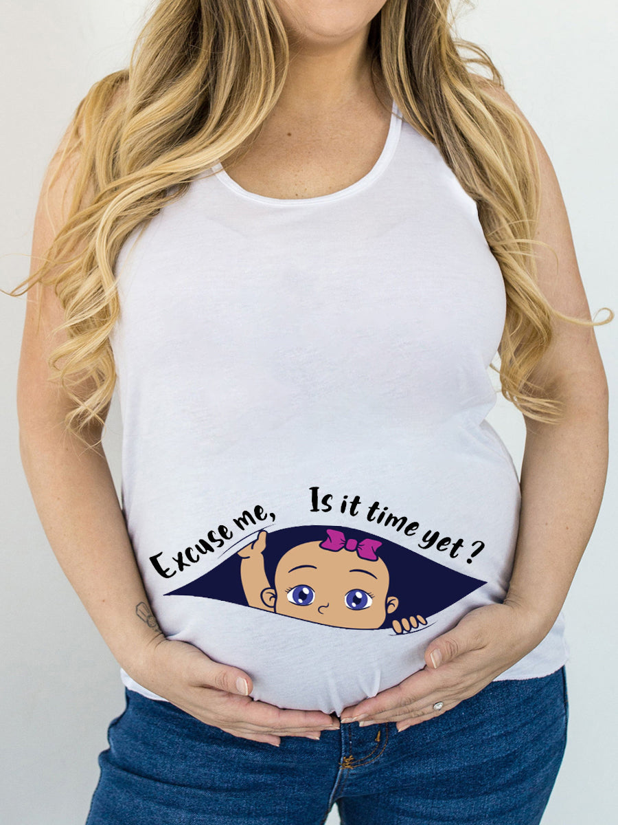 Excuse Me Is It Time Yet Baby Girl Peeking Maternity Shirt