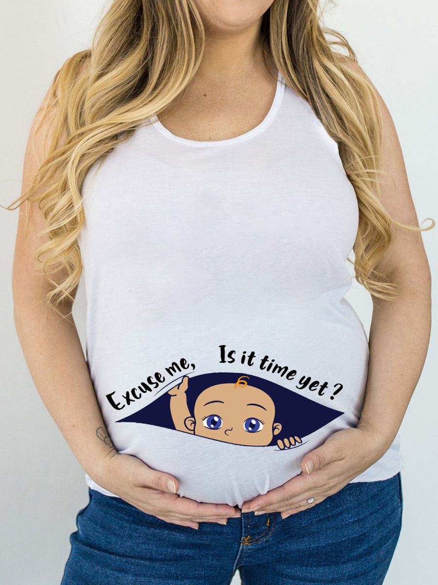 Excuse Me Is It Time Yet? Baby Boy Peeking Maternity Shirt