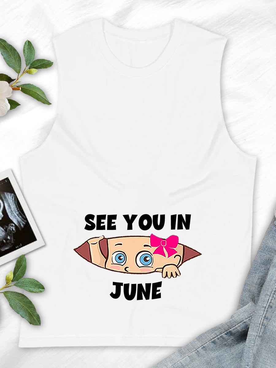 See You In Customizable Month Baby Girl Peeking Maternity Shirt