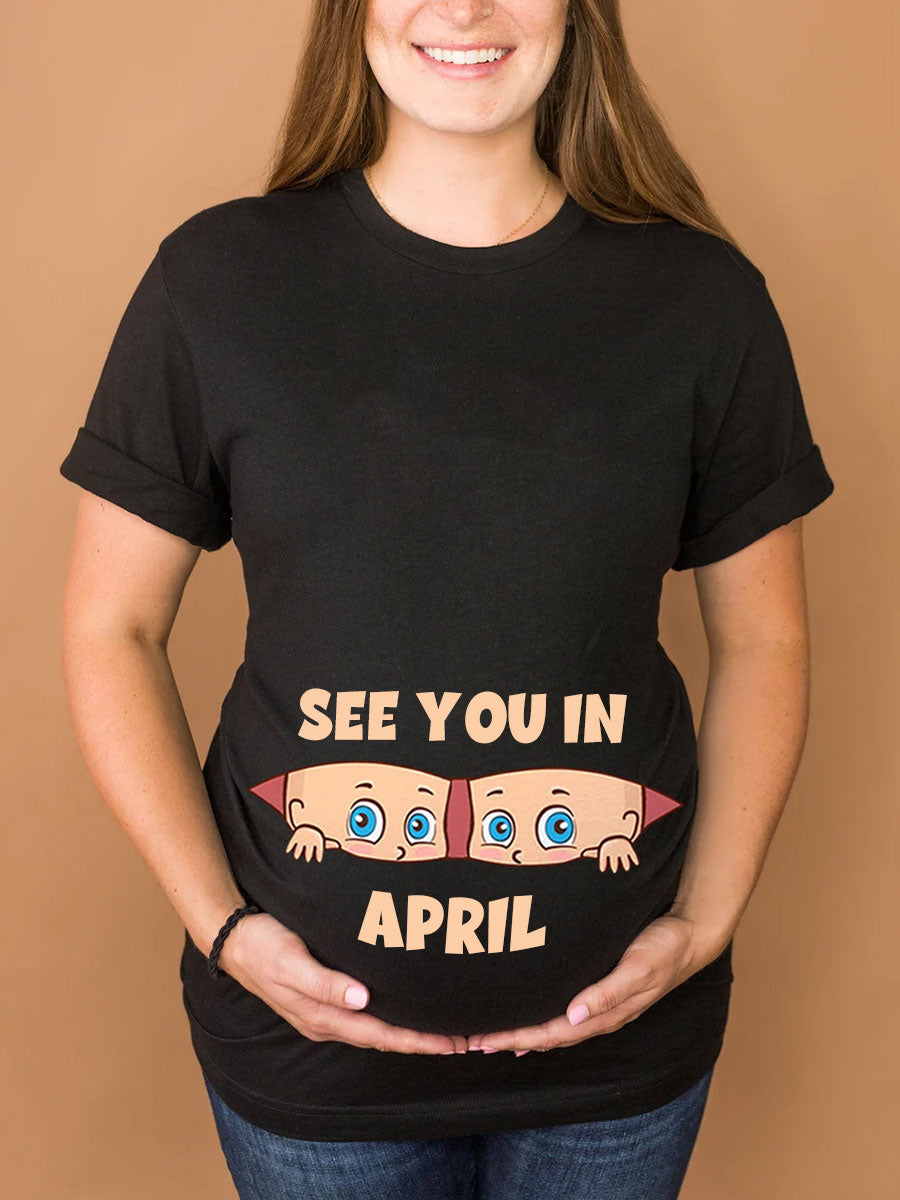 Customizable Months Cute Twins Baby Peeking Maternity Shirt